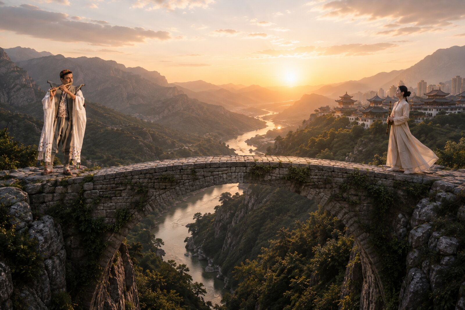 Two musicians meet at opposite ends of a stone bridge over a river valley at sunset