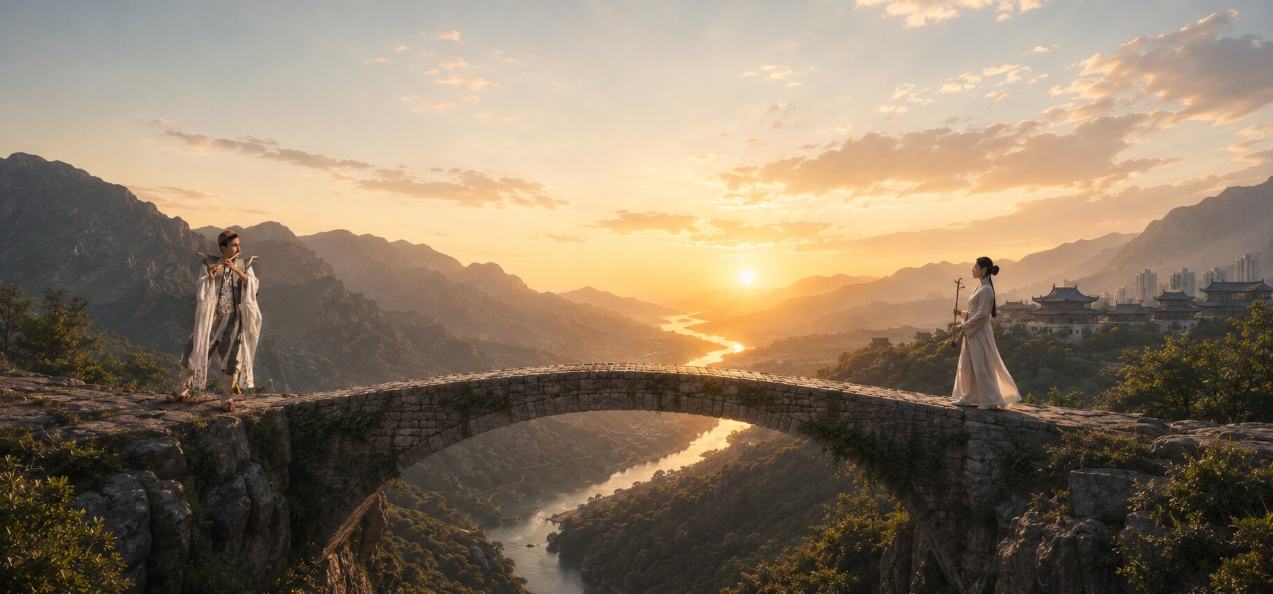 A Kurdish musician and a Korean musician face each other across a stone bridge at sunset